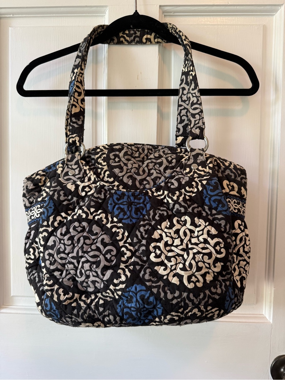 Vera Bradley Quilted Patterned Glenna Tote Handbag in Black, White, Gray & Blue